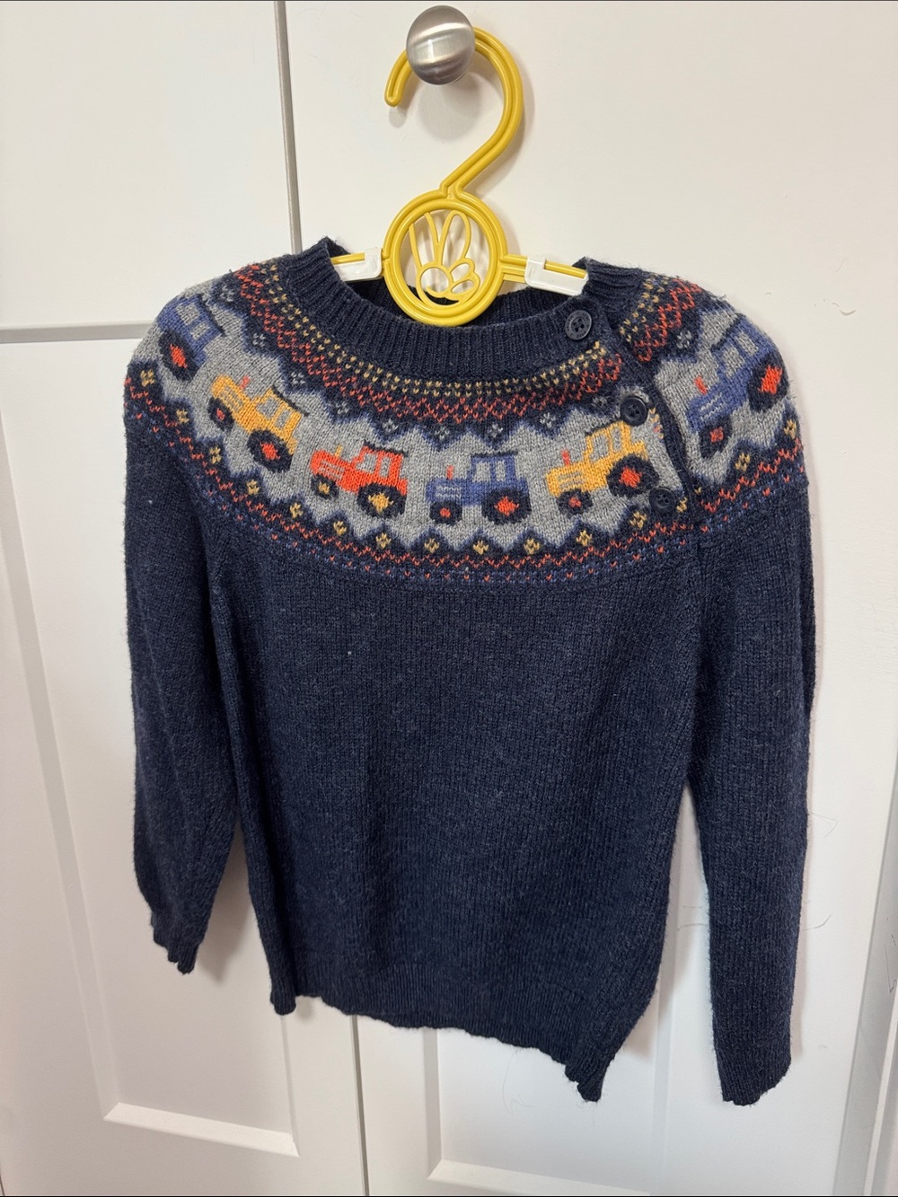 JoJo Maman Bebe Navy Sweater with Yellow Red and Blue Tractor w/matching hat
